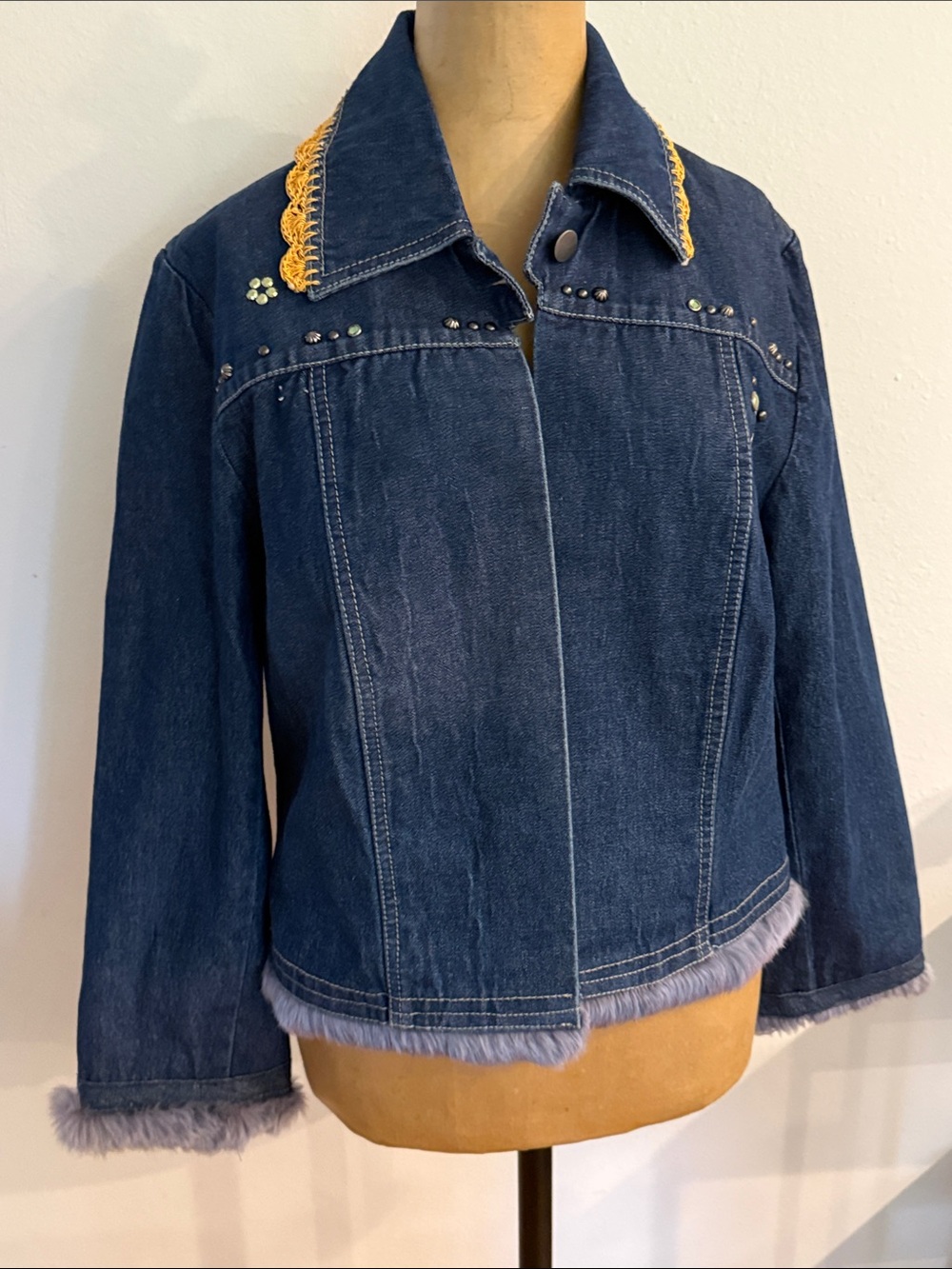 Double D Ranch sz S Dark Blue Denim Jacket Yellow Trim and raw edge cotton VGUC
